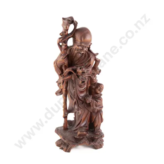Chinese Hard Wood Figure Of Shao Lao And Attendant