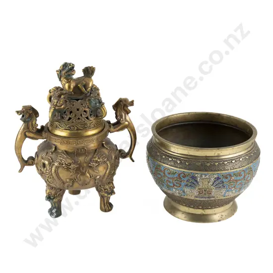 Chinese Champleve Brass And Enamel Bowl Together With A Chinese Brass Censor