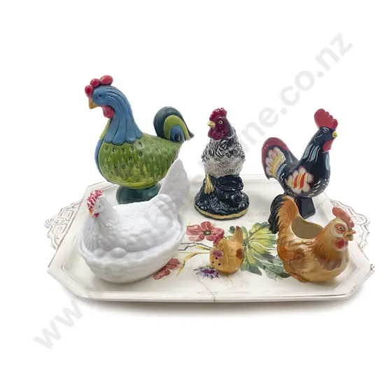 Six Assorted Ornamental Chooks on Ceramic Tray