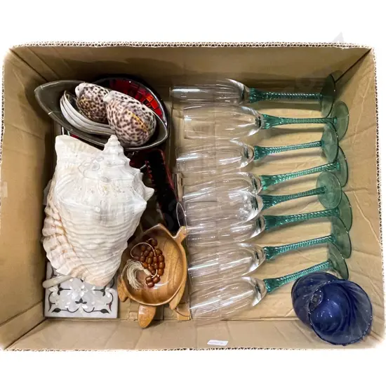Box of Assorted Glassware and Shells etc