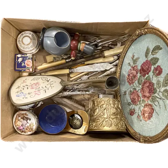 Box of Assorted Including Framed Tapestry and Assorted Cutlery etc