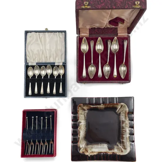 Three Boxed Sets of Plated Cutlery Including Oyster Forks and Grapefruit Spoons Together with Pottery Tray