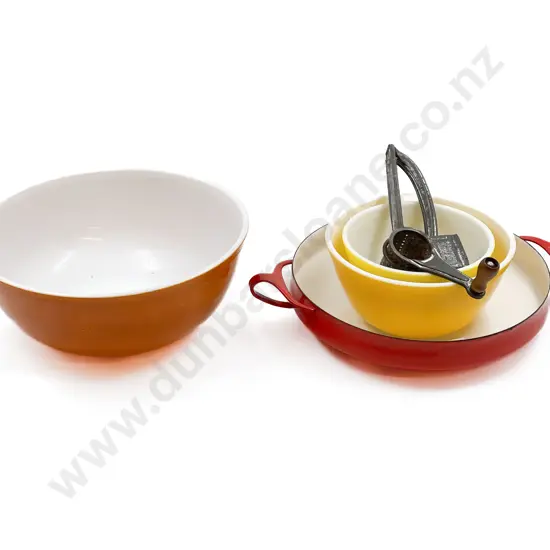 Three Vintage Mixing Bowls of Sizes Together with Vintage Mouli Grater