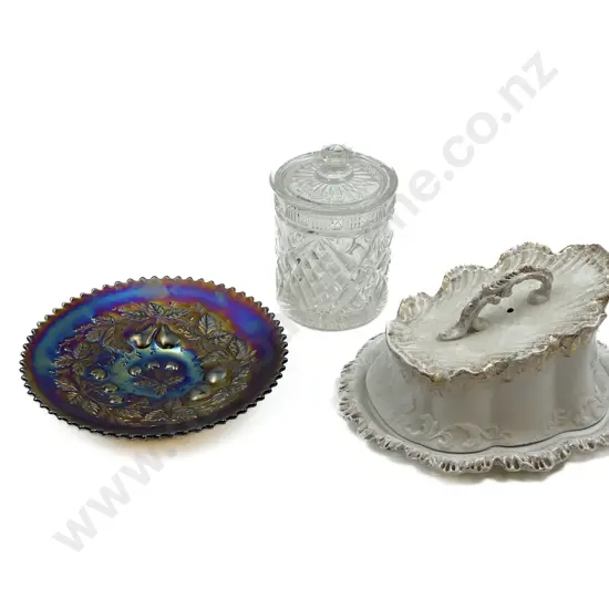 Pressed Glass Jar Together with Carnival Glass Dish etc