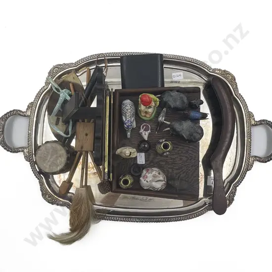 Small Quantity of Assorted Including Ornaments and Oak Crumb Tray and Brush on S/P Tray