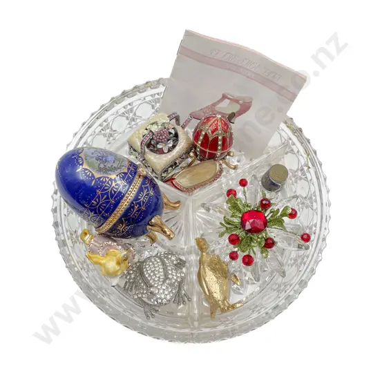 Quantity of Assorted Ornaments on Pressed Glass Tray