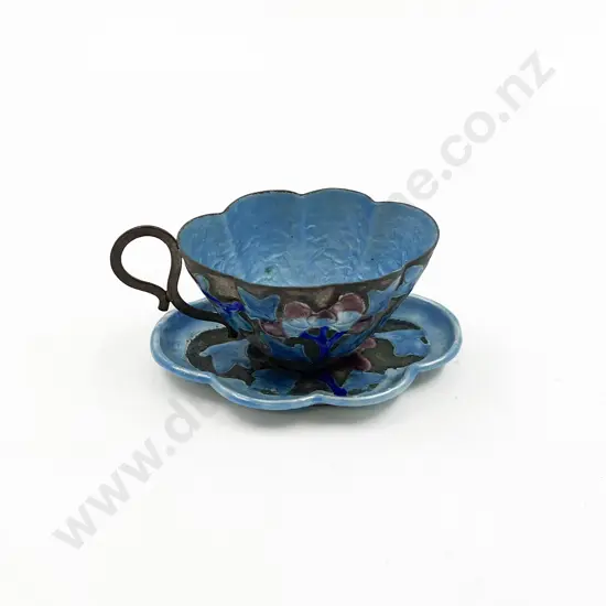 Chinese Enamel on Pewter Lobed Teacup and Saucer