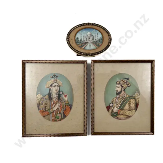Three Framed Mughal Works Depicting Shah Jahan Mumtaz Mahal and the Taj Mahal