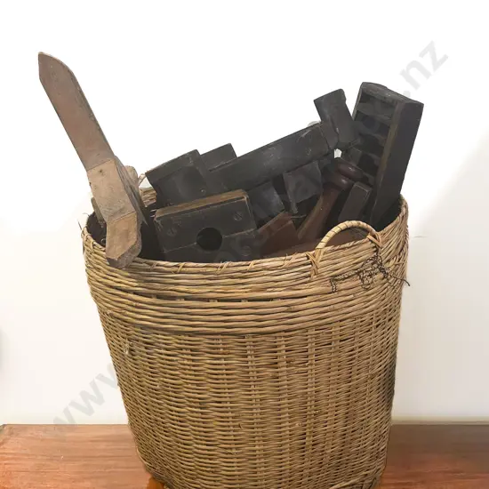 Wicker Basket of Assorted Vintage Factory Moulds etc