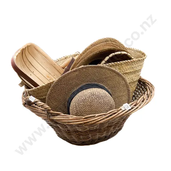 Vintage Wicker Laundry Basket and Assorted Bags and Hats