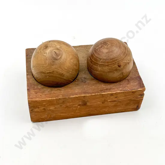 Two Vintage Wooden Carpet Balls on Stand