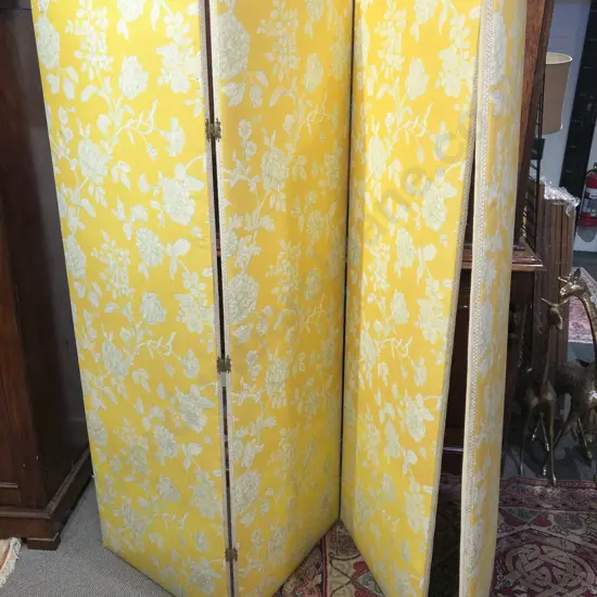 Yellow Floral Fabric Four Panel Dressing Screen