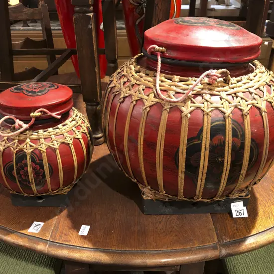 Pair of Painted Red Lacquered Rattan Bound Lidded Jars