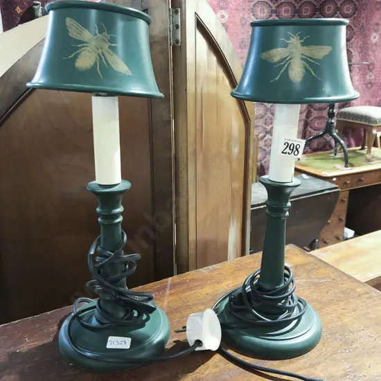 Small Pair of Green Painted Lamps and Shades