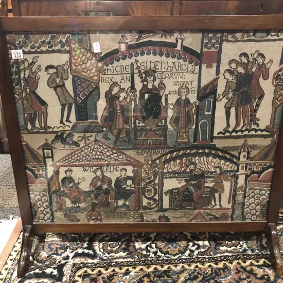 Fire Screen with Medieval Scene Fabric Inset