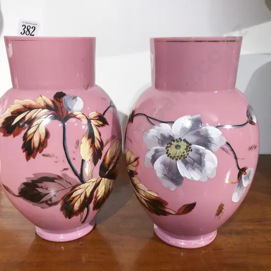 Pair of Victorian Pink Opaque Glass Leaf Painted Vases