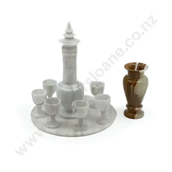 Marble Liquer Set on Tray with Onyx Vase