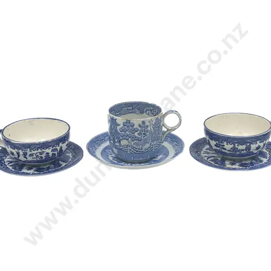Three Blue & White Breakfast Mugs and Saucers