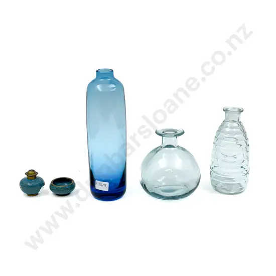 Three Vintage Glass Bottles together with Cloisonne Salt Pot & Pepper