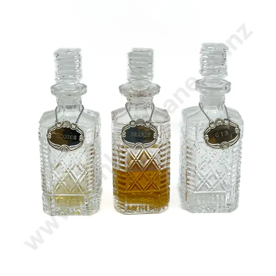 Matched Set of Three Crystal Decanters with Labels
