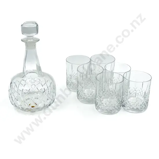 Modern Glass Decanter and Six Crystal Tumblers (Rim Chip)