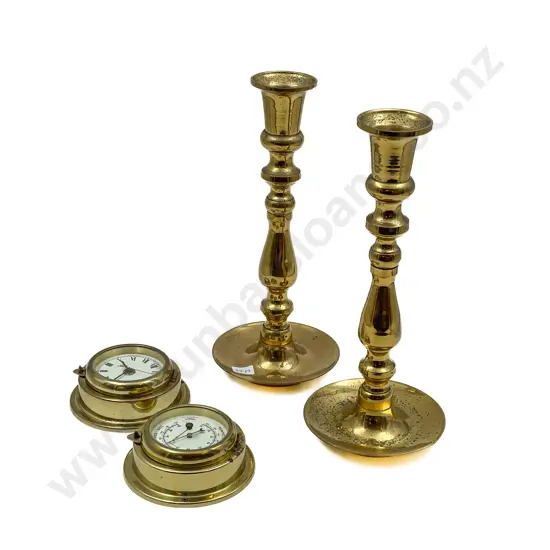 Pair of Brass Candlesticks together with Reproduction Brass Gauge & Clock