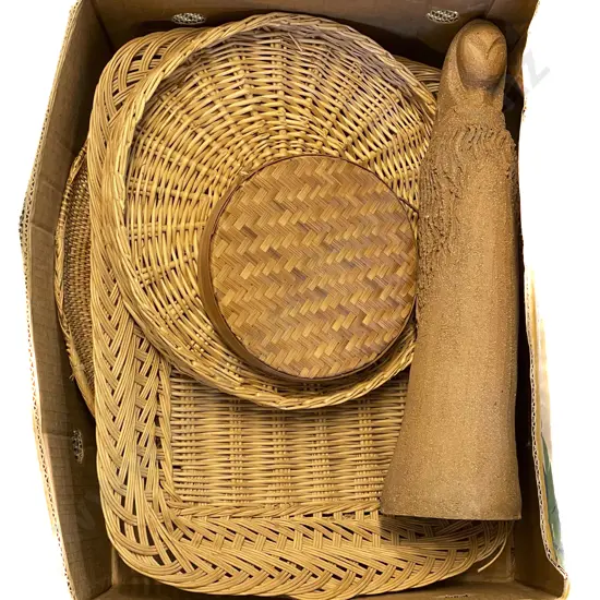 Stoneware Figure & Assorted Wicker Trays etc