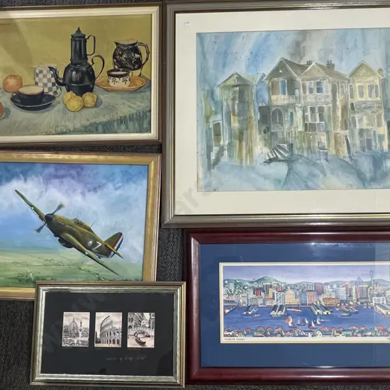 Large Architectural Watercolour together with Four Other Framed Prints/Originals