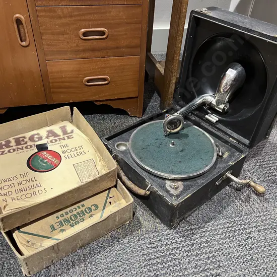 Vintage Travel Gramophone and Assorted Vintage Records