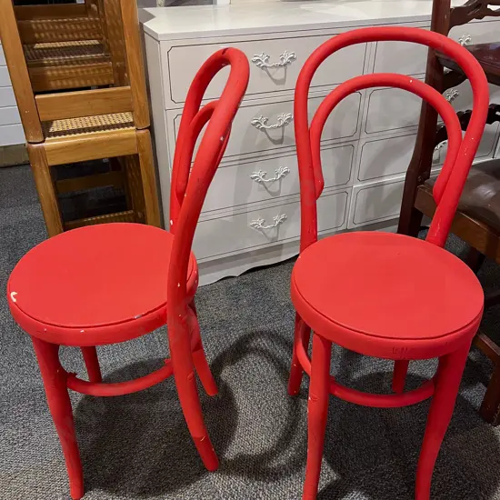 Pair of Red Painted Childrens Bentwood Chairs