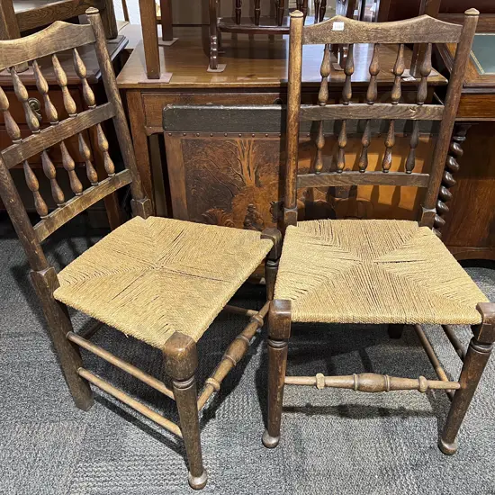 Pair of Rush Seated Oak Dining Chairs