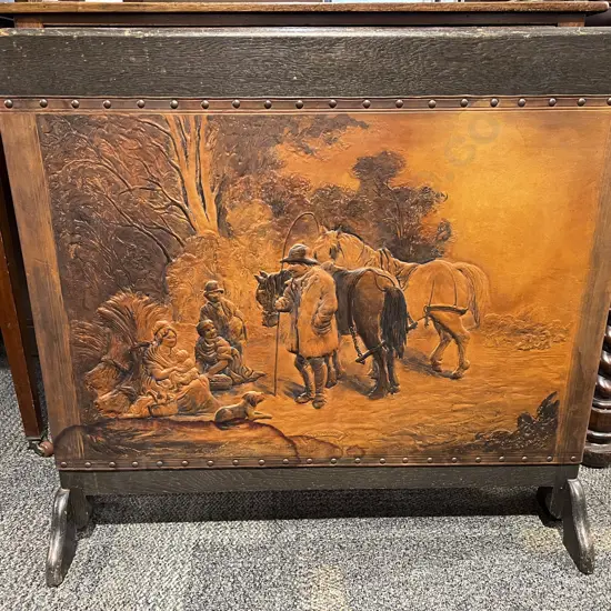 Oak Embossed Leather Fire Screen