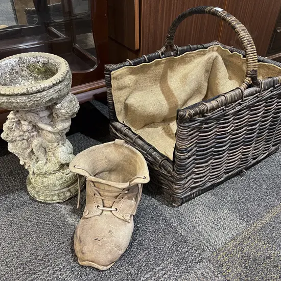 Two Concrete Garden Ornaments together with Wicker Pet Basket
