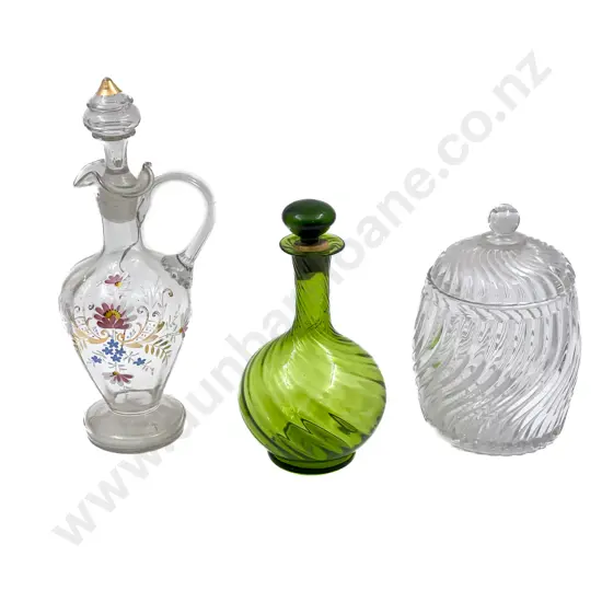 Glass Ewer Together with Green Glass Bottle and Lidded Glass Jar
