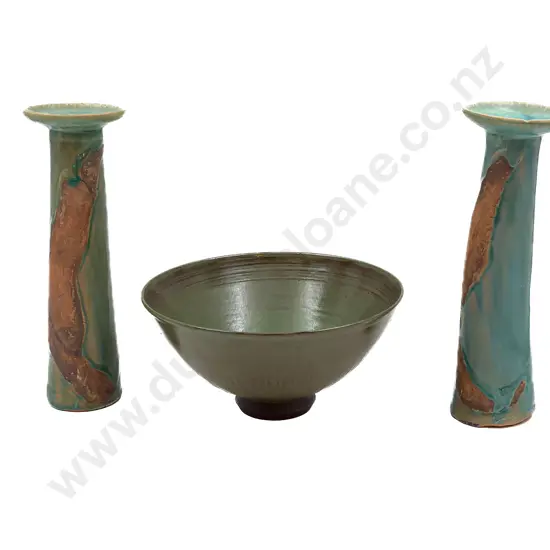 Pair of Pottery Candle Holders Together with Sophie Florence Bowl