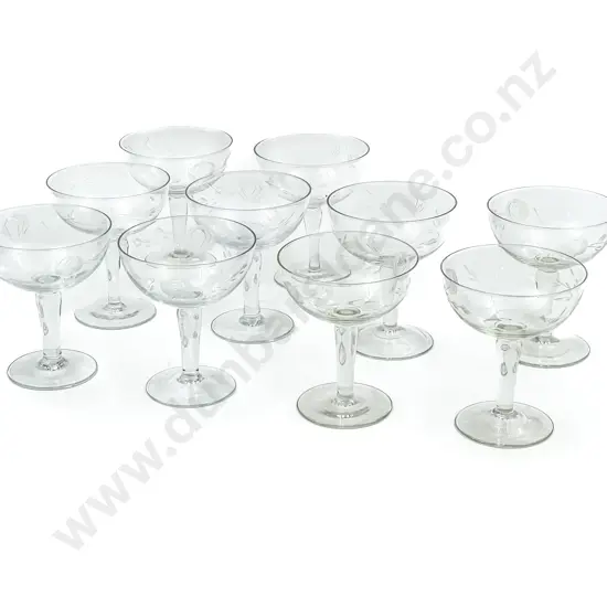 Ten Etched Glass Champagne Glasses
