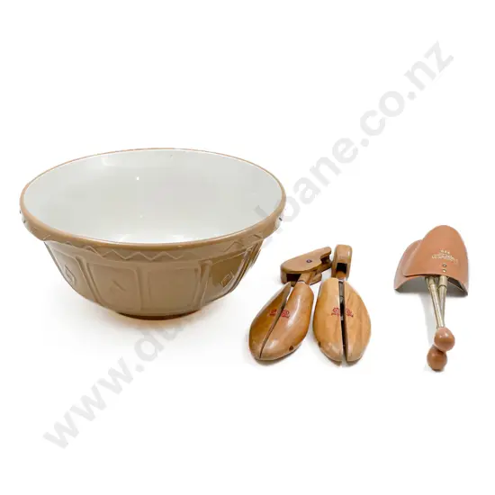 Large English Mixing Bowl with Two Pairs of Shoe Lasts