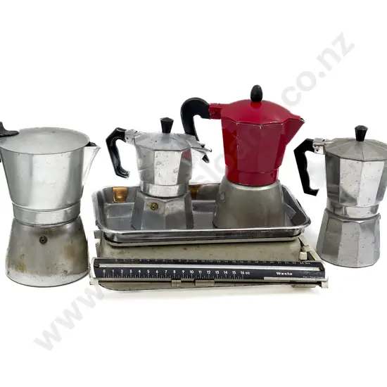 Four Vintage Italian Stove Top Coffee Makers together with Kitchen Scale