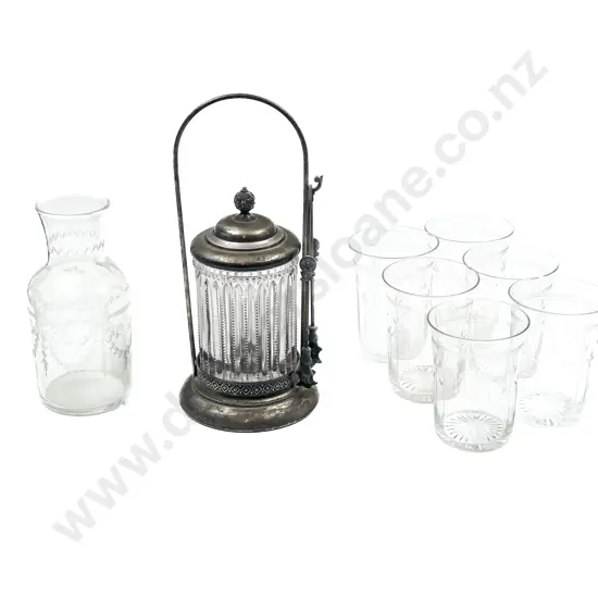 Etched Glass Water Set together with Sugar Cube Jar & Tongs