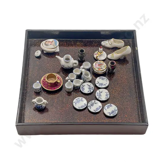 Quantity of Assorted China Miniatures in Lacquer Box