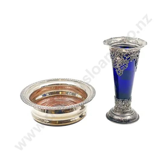 Applied Silver to Blue Glass Vase together with Wine Coaster