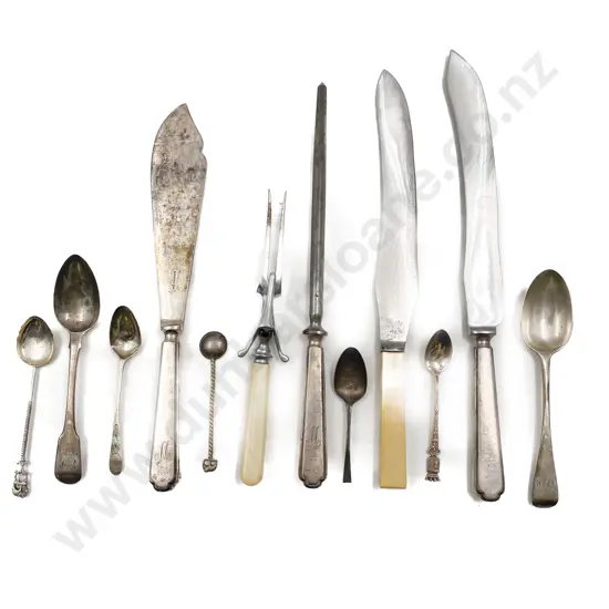 Assorted Plated & Bone Handled Carving Implements together with Small Quantity of Silver