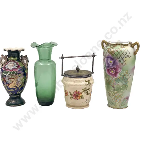 Vintage Biscuit Barrel together with Three Assorted Vases