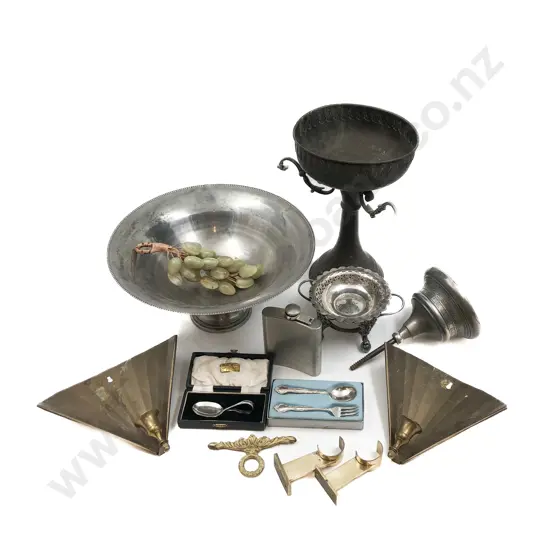 Quantity of Assorted Metal Ware Including Hip Flask and Wall Sconces etc