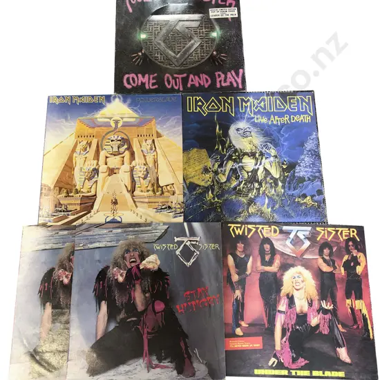Six Assorted Vinyl Records Including Twisted Sister and Iron Maiden