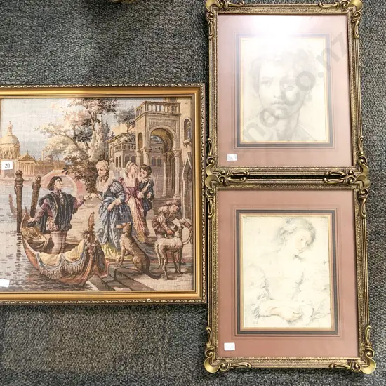 Pair of Gilt Framed Portrait Prints Together with Classical Scene Tapestry