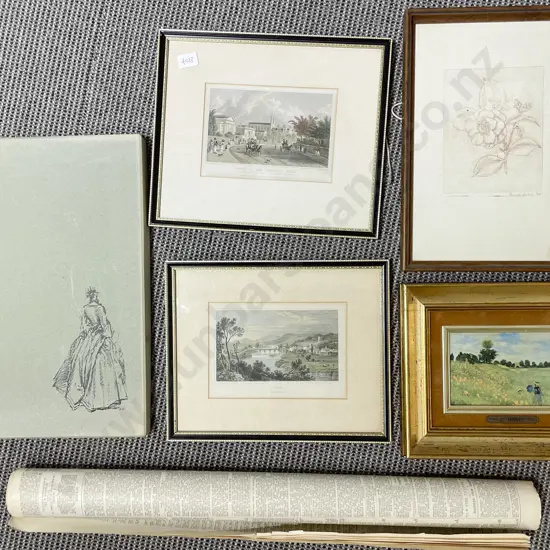 Box of Assorted Framed and Loose Prints together with Vintage 1919 Newspaper