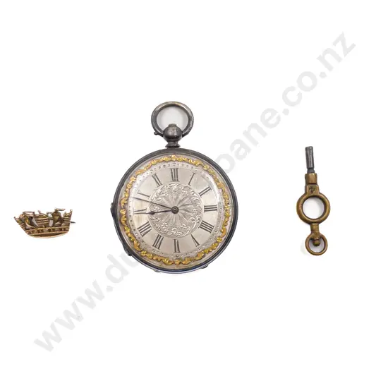 Silver Cased Fob Watch with Key & Ship Badge