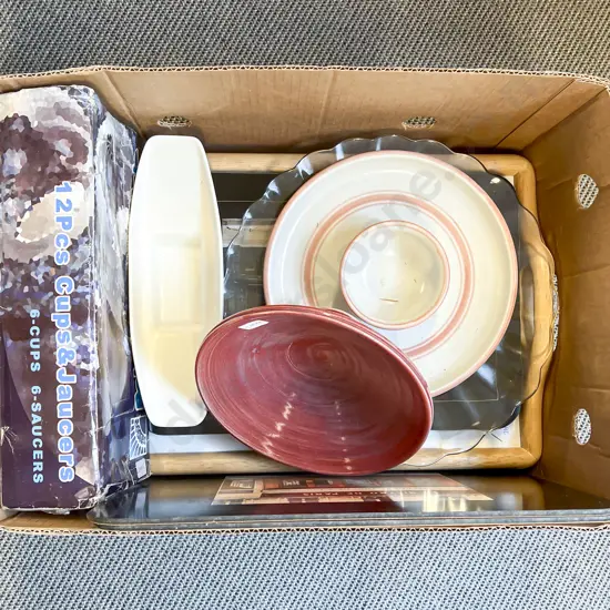 Quantity of Assorted Serving Ware incl Boxed Cups & Saucers