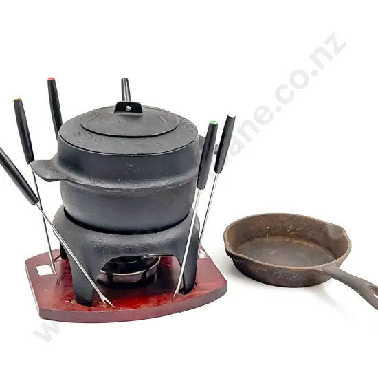 Vintage Cast Iron Fondue Set & Small Skillet